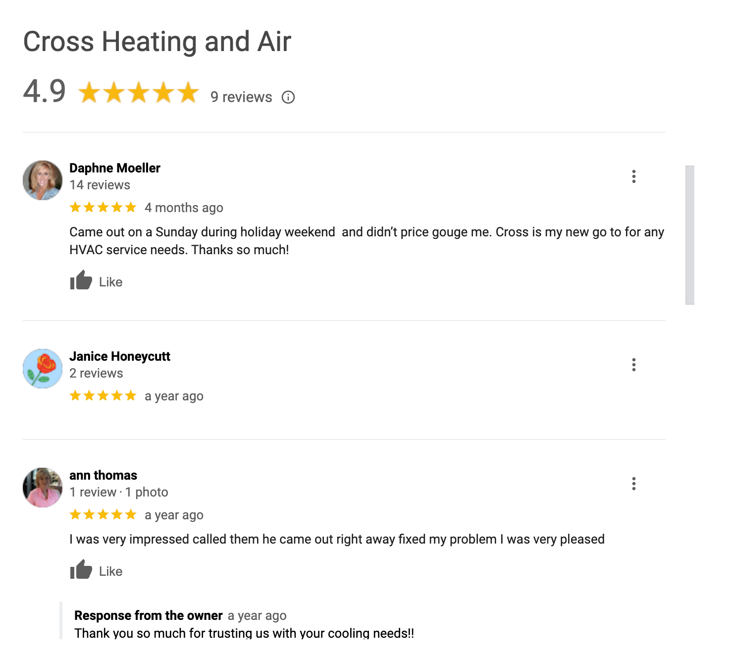 Cross Heating And Air Google Reviews